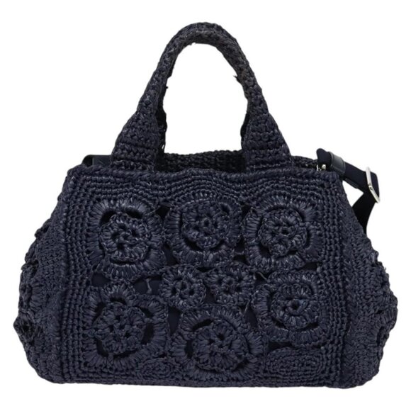 PRADA Canapa PM Hand Bag Raffia Navy Auth am8832 - Picture 3 of 16